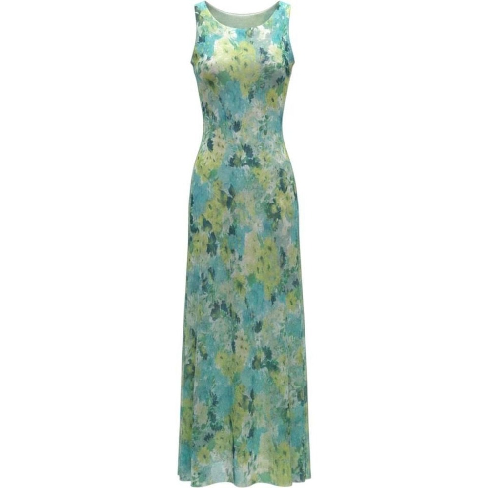 Dressbarn Maxi Dress Women 10 Blue Green Floral Watercolor Sleeveless  Y2K Party